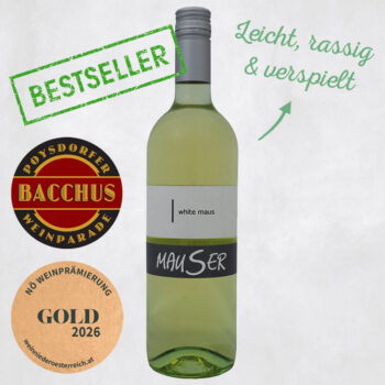 Bottle of white wine with a minimalist label, flanked by award seals and a green 'BESTSELLER' stamp; text reads 'white maus' and 'MAUSSER' on the bottle.