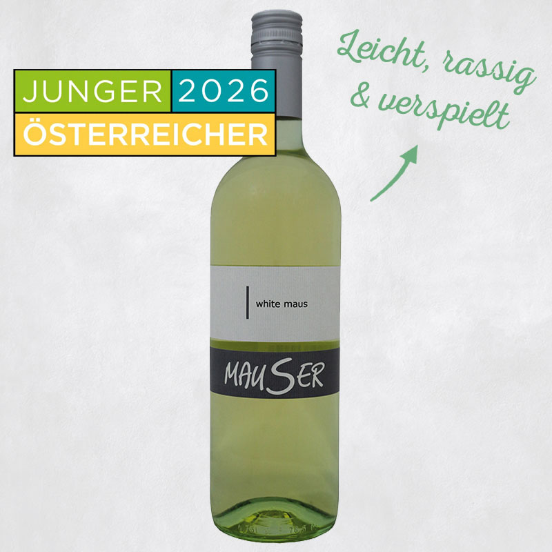 Wine bottle with a minimalist 'white maus' label, plus a colorful 'JUNGER ÖSTERREICHER 2026' badge and the green script phrase 'Leicht, rassig & verspielt' on the background.